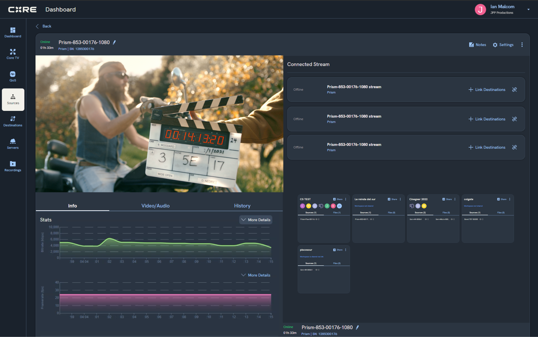 Teradek Core dashboard interface